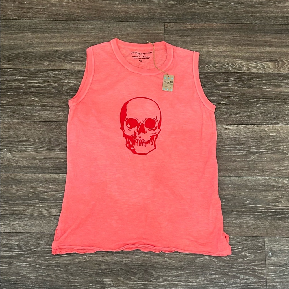 NWT Unsweetened New York coral pink cotton tank with velvet skull design, XS